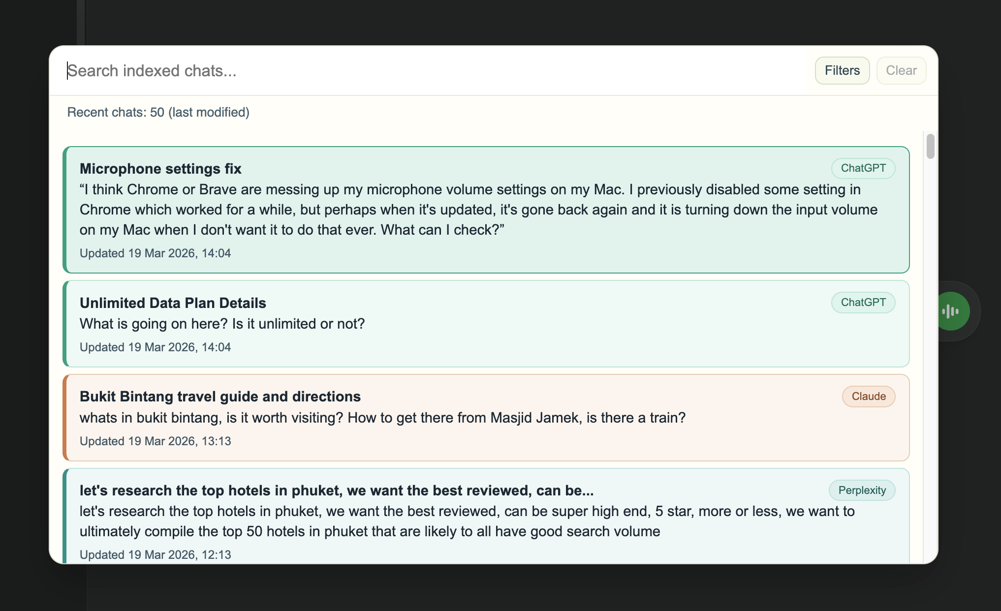 LLMnesia search overlay showing results from multiple AI platforms in a single browser window